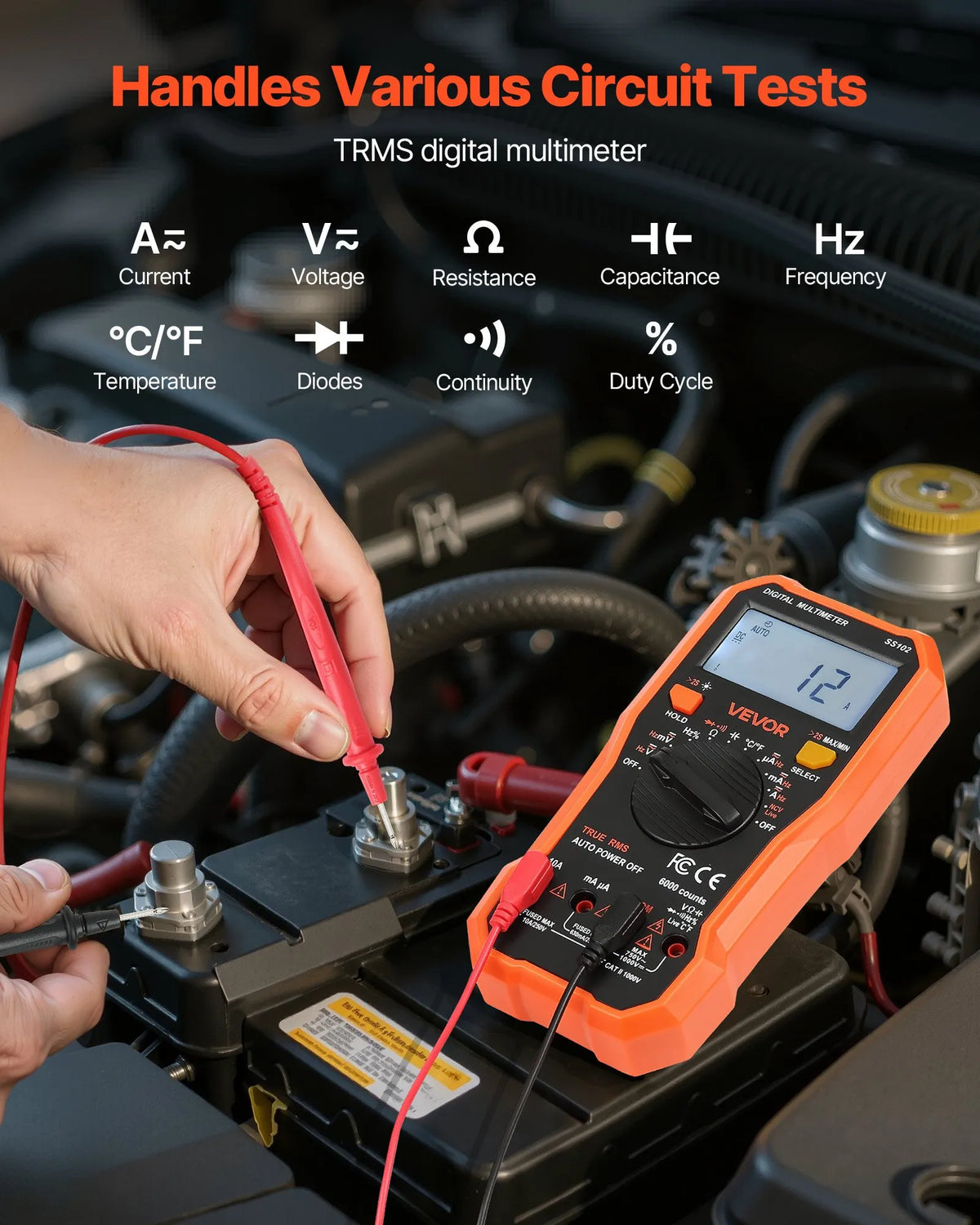 VEVOR Digital Multimeter, 6000 Count TRMS AC/DC Voltmeter/Ammeter, Professional NCV Multimeter for Voltage, Current, Resistance, Capacitance, Duty Cycle, Temperature, Diode, Continuity and Phase Tester