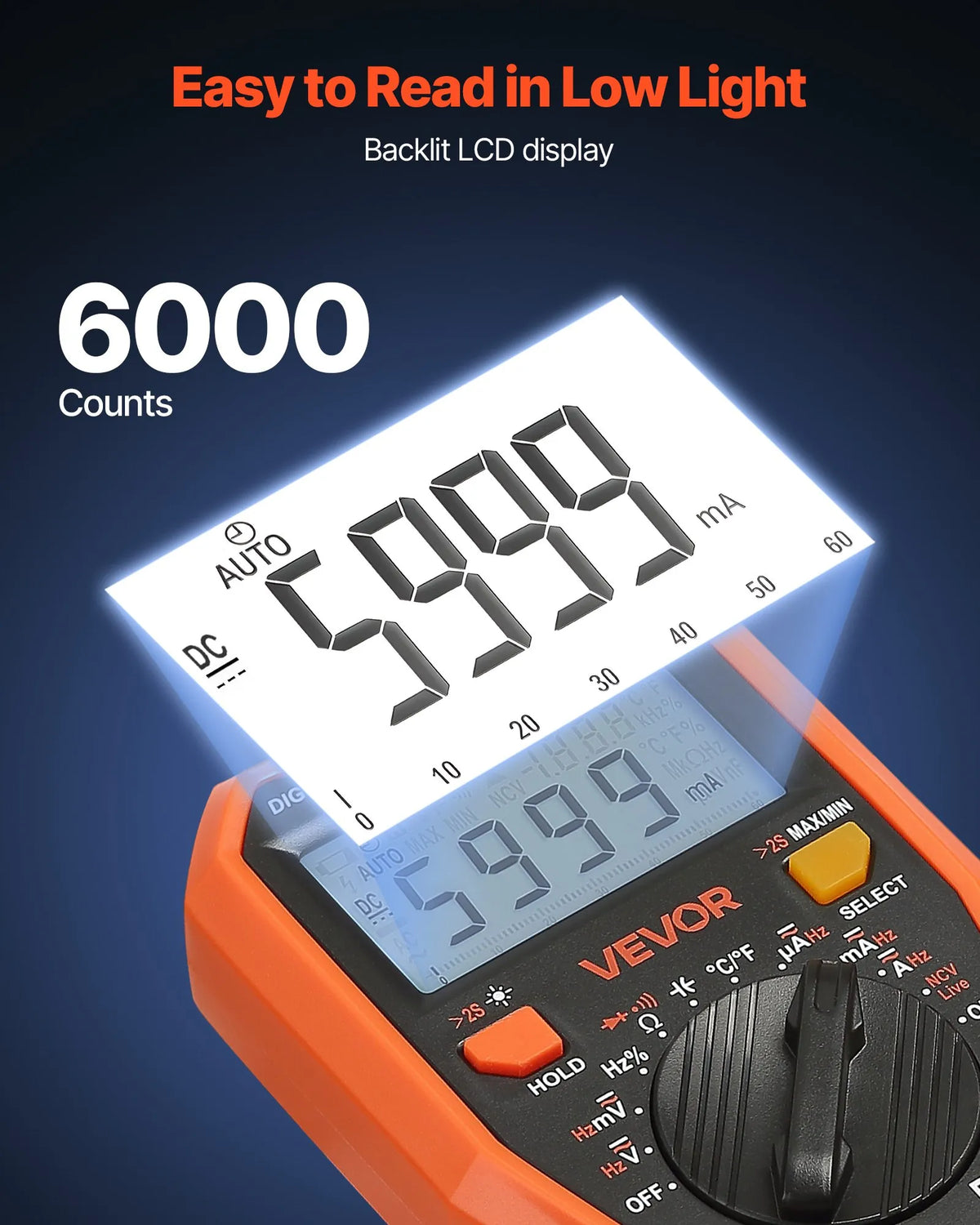 VEVOR Digital Multimeter, 6000 Count TRMS AC/DC Voltmeter/Ammeter, Professional NCV Multimeter for Voltage, Current, Resistance, Capacitance, Duty Cycle, Temperature, Diode, Continuity and Phase Tester