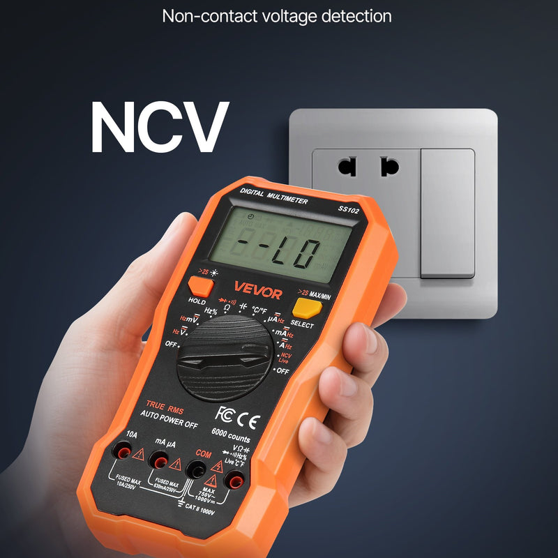 VEVOR digitālais multimetrs, 6000 vienību TRMS maiņstrāvas un līdzstrāvas voltmetrs/ampērmetrs, profesionāls NCV multimetrs sprieguma, strāvas, pretestības, kapacitātes, darba cikla, temperatūras, diodes, nepārtrauktības un fāzes vadītāja pārbaudei