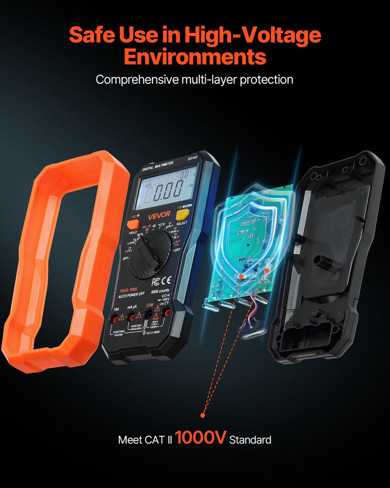 VEVOR digitālais multimetrs, 6000 vienību TRMS maiņstrāvas un līdzstrāvas voltmetrs/ampērmetrs, profesionāls NCV multimetrs sprieguma, strāvas, pretestības, kapacitātes, darba cikla, temperatūras, diodes, nepārtrauktības un fāzes vadītāja pārbaudei