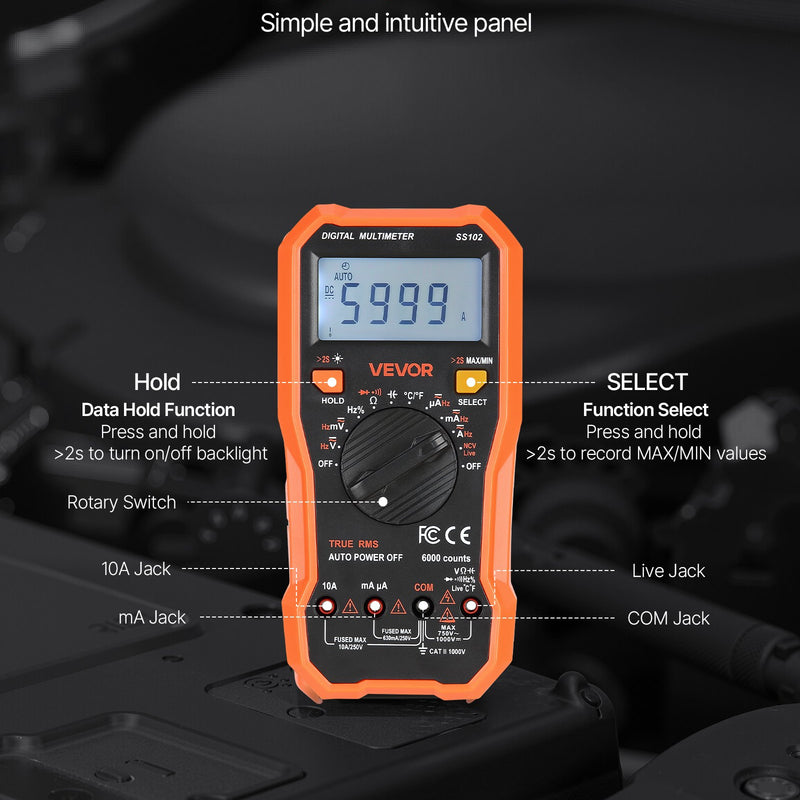 VEVOR digitālais multimetrs, 6000 vienību TRMS maiņstrāvas un līdzstrāvas voltmetrs/ampērmetrs, profesionāls NCV multimetrs sprieguma, strāvas, pretestības, kapacitātes, darba cikla, temperatūras, diodes, nepārtrauktības un fāzes vadītāja pārbaudei