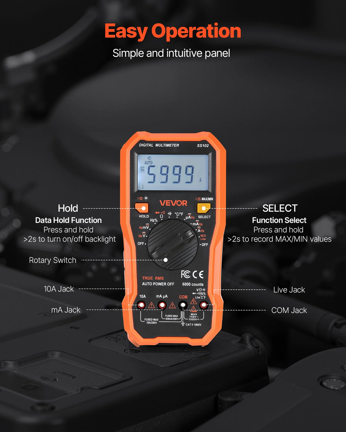 VEVOR Digital Multimeter, 6000 Count TRMS AC/DC Voltmeter/Ammeter, Professional NCV Multimeter for Voltage, Current, Resistance, Capacitance, Duty Cycle, Temperature, Diode, Continuity and Phase Tester