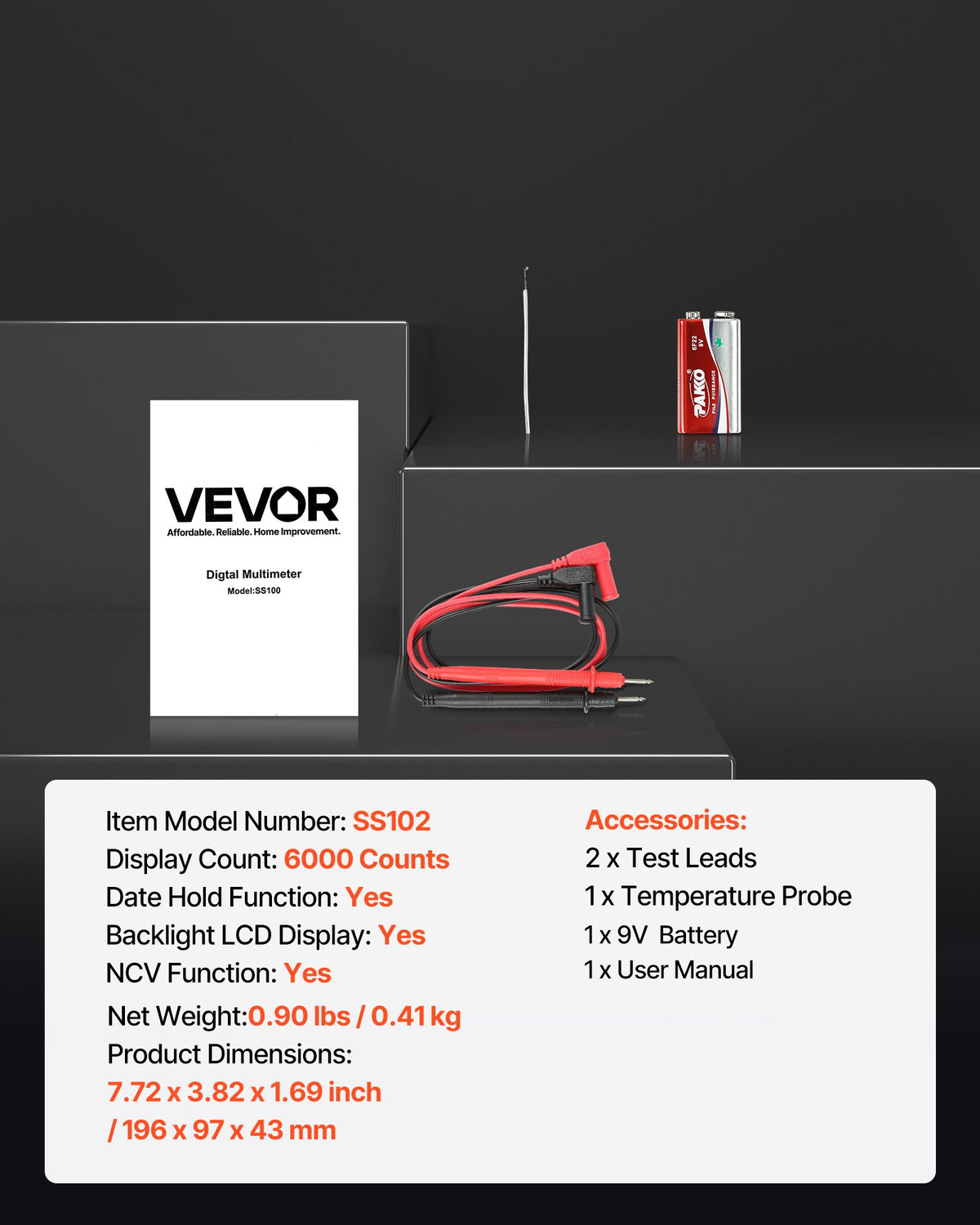 VEVOR Digital Multimeter, 6000 Count TRMS AC/DC Voltmeter/Ammeter, Professional NCV Multimeter for Voltage, Current, Resistance, Capacitance, Duty Cycle, Temperature, Diode, Continuity and Phase Tester