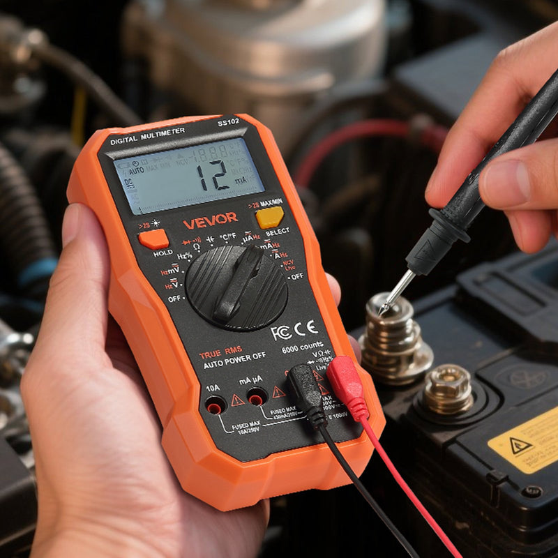 VEVOR digitālais multimetrs, 6000 vienību TRMS maiņstrāvas un līdzstrāvas voltmetrs/ampērmetrs, profesionāls NCV multimetrs sprieguma, strāvas, pretestības, kapacitātes, darba cikla, temperatūras, diodes, nepārtrauktības un fāzes vadītāja pārbaudei
