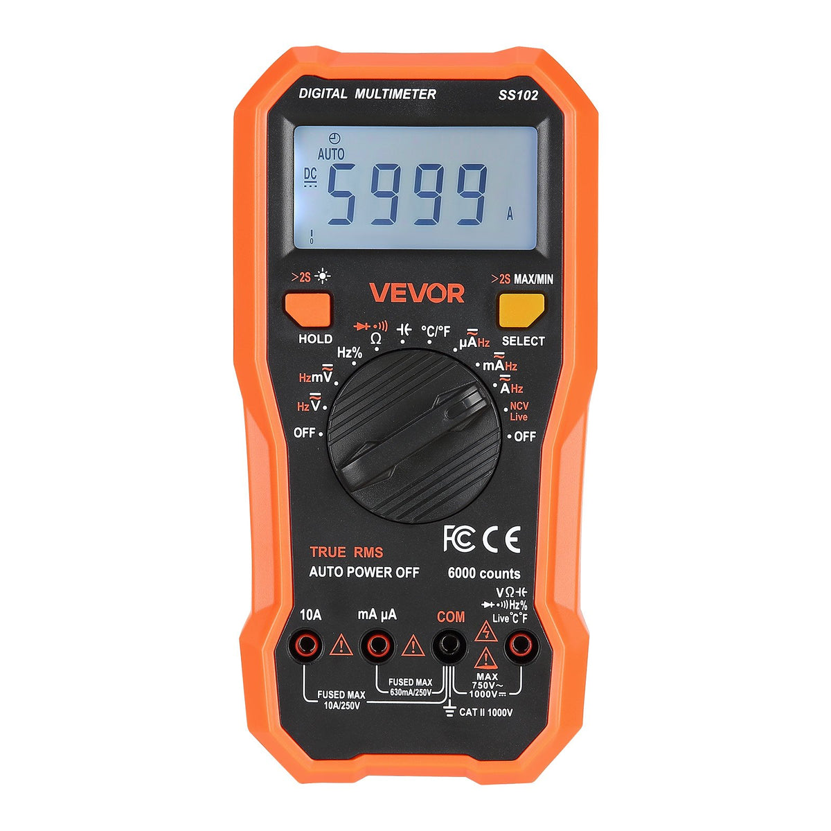 VEVOR Digital Multimeter, 6000 Count TRMS AC/DC Voltmeter/Ammeter, Professional NCV Multimeter for Voltage, Current, Resistance, Capacitance, Duty Cycle, Temperature, Diode, Continuity and Phase Tester