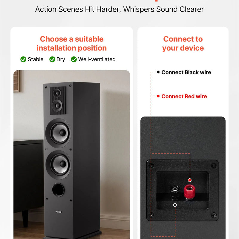 VEVOR 3-ceļu grīdas skaļrunis, tornis ar 19,05 mm un 25,4 mm augšdaļām, diviem 133,35 mm zemfrekvenču skaļruņiem, 145 W maksimumjaudu, 70 Hz–20 kHz frekvenču diapazonu, MDF korpuss, mājas audio, 1 gb.