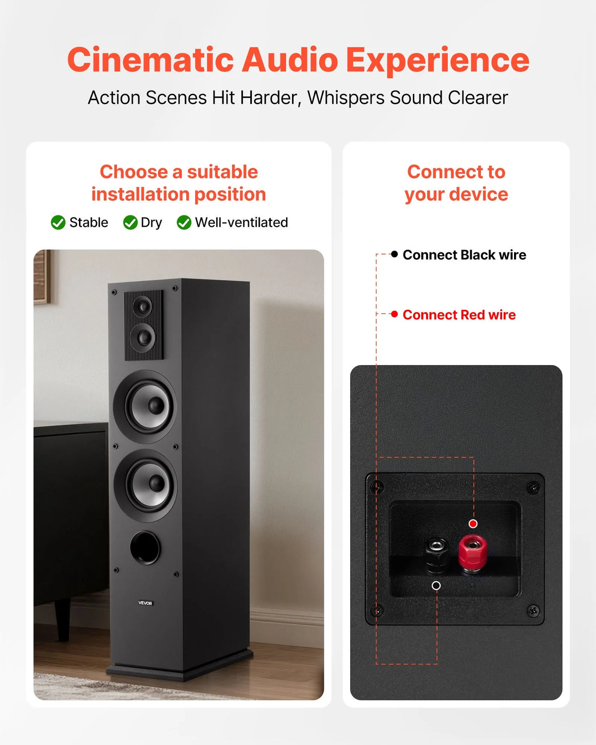 VEVOR Floor Speaker 3-Way, 145 W, 70 Hz–20 kHz, MDF Cabinet, 1 pc.
