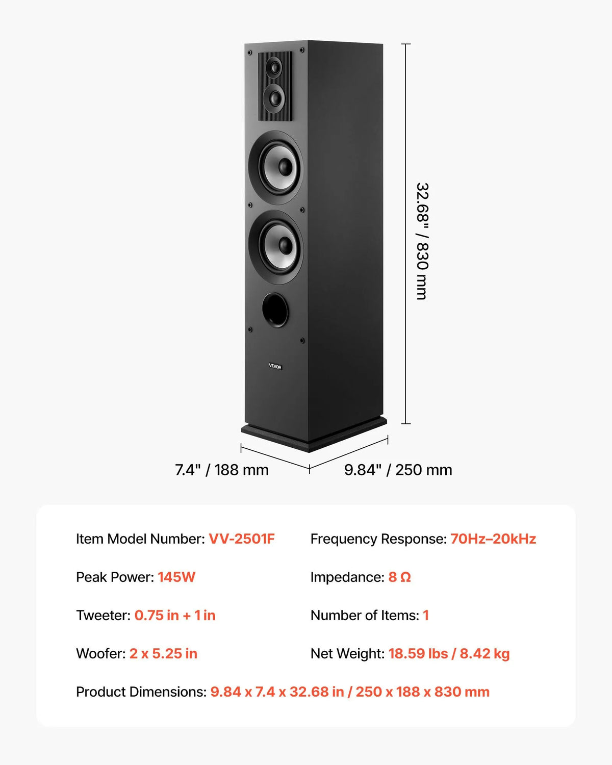 VEVOR Floor Speaker 3-Way, 145 W, 70 Hz–20 kHz, MDF Cabinet, 1 pc.