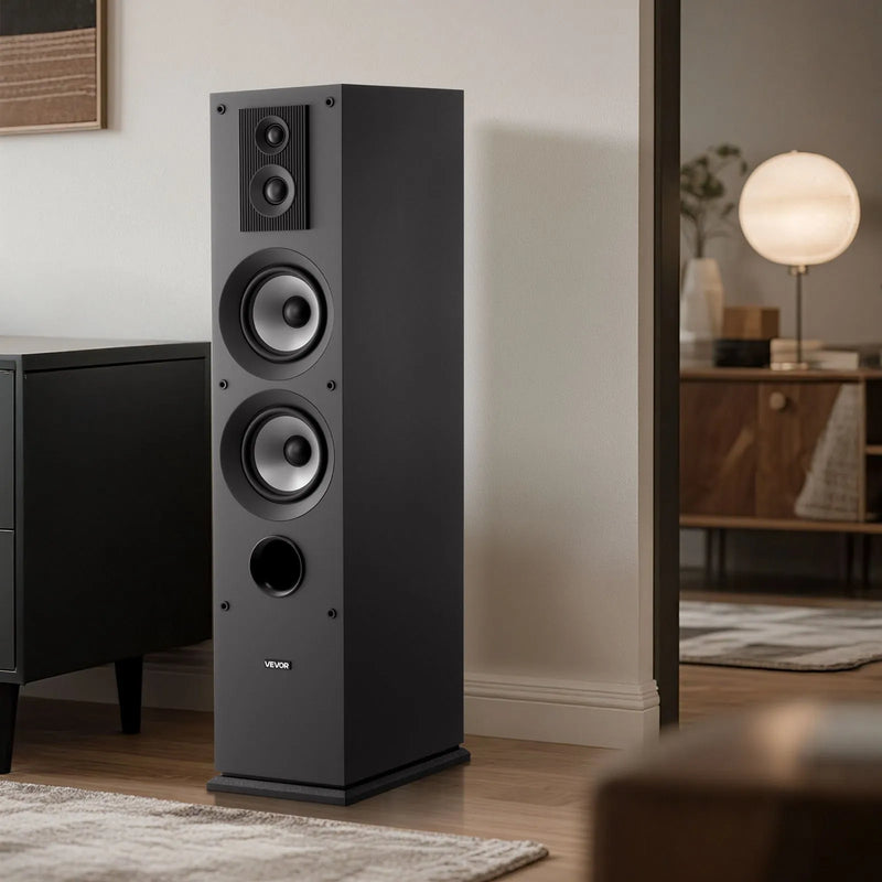 VEVOR 3-ceļu grīdas skaļrunis, tornis ar 19,05 mm un 25,4 mm augšdaļām, diviem 133,35 mm zemfrekvenču skaļruņiem, 145 W maksimumjaudu, 70 Hz–20 kHz frekvenču diapazonu, MDF korpuss, mājas audio, 1 gb.