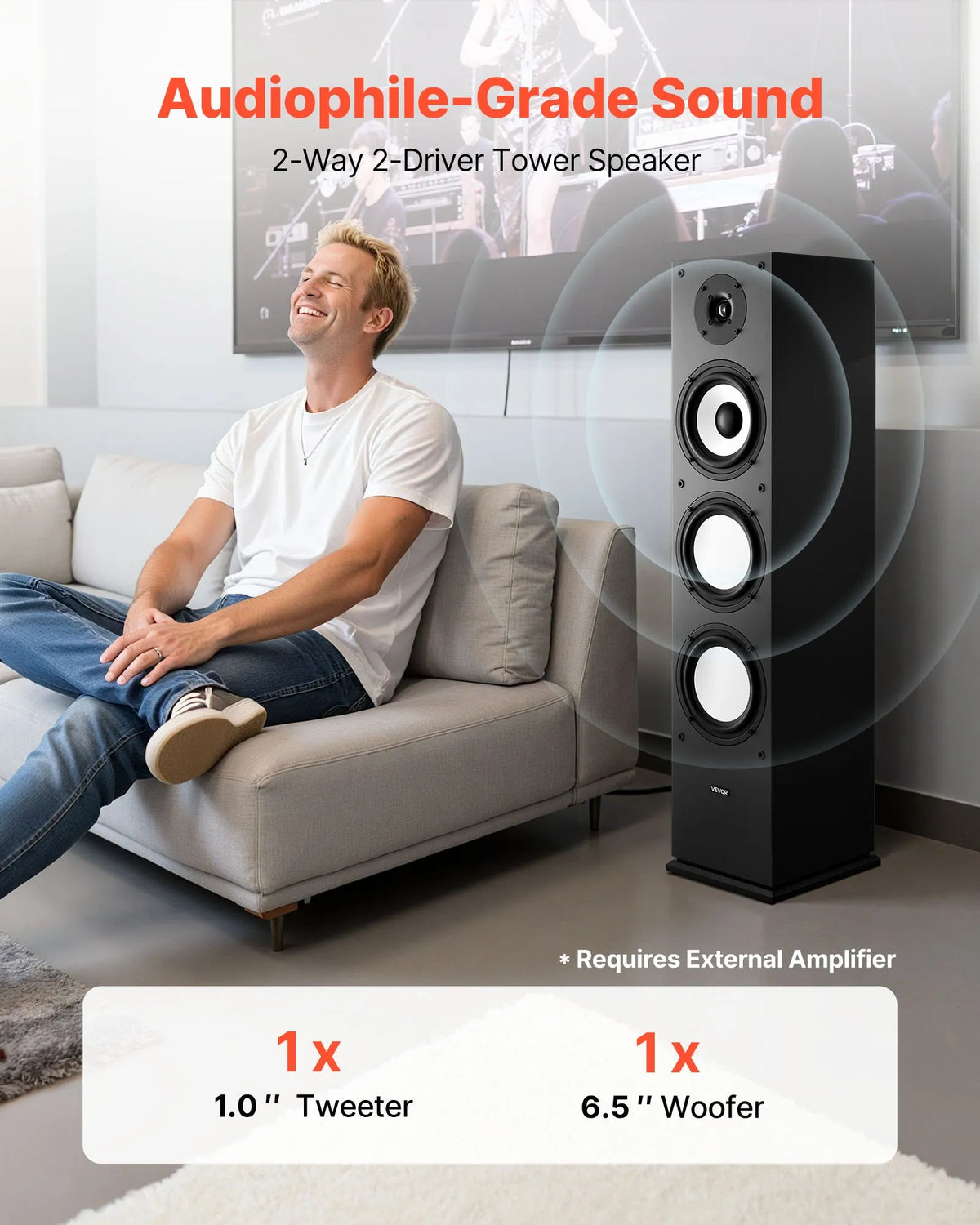 VEVOR Floor Speaker 2-Way, 200 W, 165 mm Subwoofer, 70 Hz–20 kHz, MDF Cabinet, 1 pc.