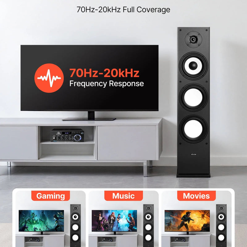 VEVOR 2-ceļu grīdas skaļrunis ar 25,4 mm tviteri, 165,1 mm zemo frekvenču skaļruni, 200 W maksimumjaudu un MDF korpusu, 70–20 000 Hz, viens gabals