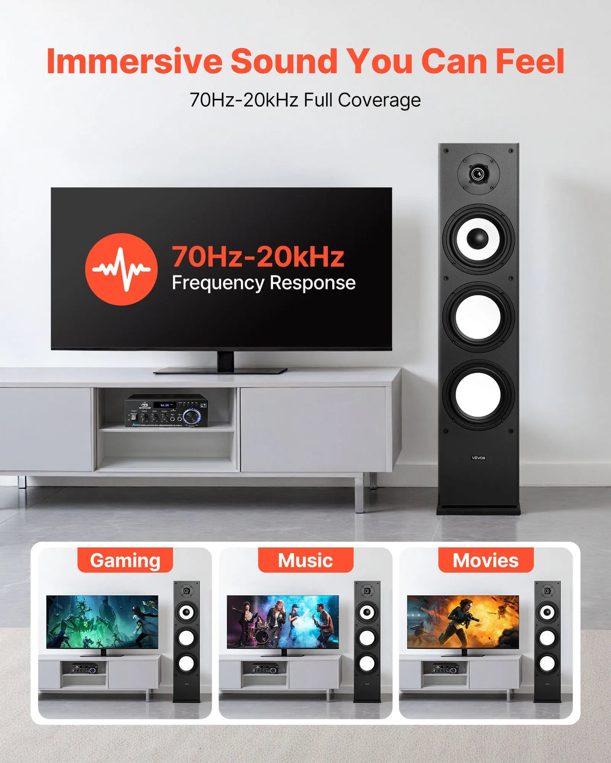 VEVOR Floor Speaker 2-Way, 200 W, 165 mm Subwoofer, 70 Hz–20 kHz, MDF Cabinet, 1 pc.