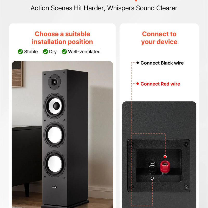 VEVOR 2-ceļu grīdas skaļrunis ar 25,4 mm tviteri, 165,1 mm zemo frekvenču skaļruni, 200 W maksimumjaudu un MDF korpusu, 70–20 000 Hz, viens gabals