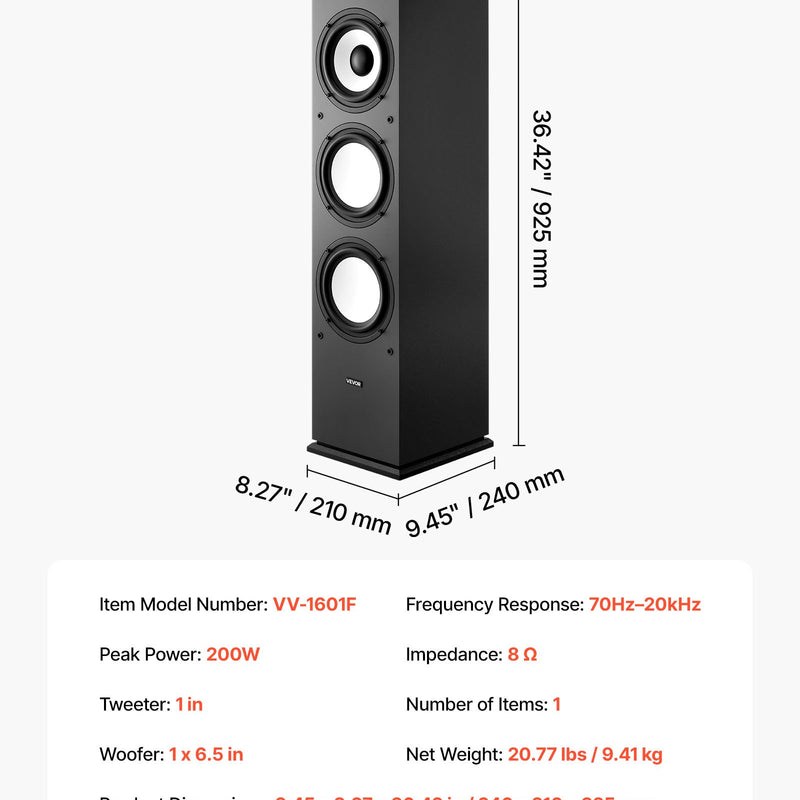 VEVOR 2-ceļu grīdas skaļrunis ar 25,4 mm tviteri, 165,1 mm zemo frekvenču skaļruni, 200 W maksimumjaudu un MDF korpusu, 70–20 000 Hz, viens gabals