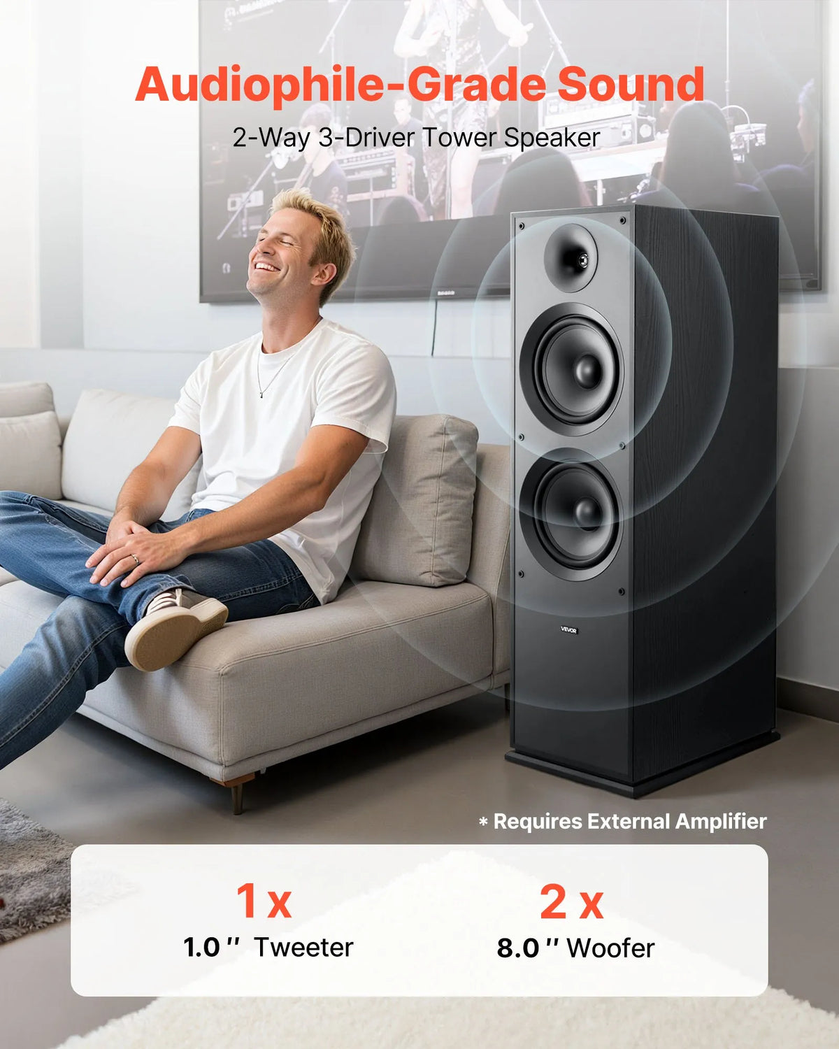 VEVOR Floor Speaker 2-Way, 600 W, 2 × 203 mm Woofer, 50 Hz–20 kHz, MDF Cabinet, 1 pc.