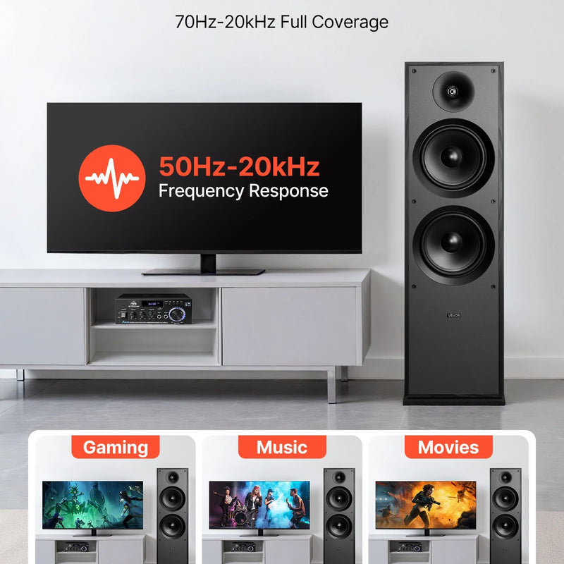 VEVOR grīdas skaļrunis, 2-ceļu torņa tipa modelis ar 25,4 mm augstfrekvences skaļruni un diviem 203,2 mm zemfrekvences skaļruņiem, 600 W maksimumjauda, 50 Hz–20 kHz frekvenču diapazons, MDF korpuss, vienība