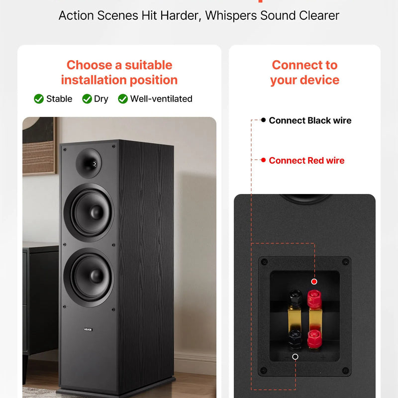 VEVOR grīdas skaļrunis, 2-ceļu torņa tipa modelis ar 25,4 mm augstfrekvences skaļruni un diviem 203,2 mm zemfrekvences skaļruņiem, 600 W maksimumjauda, 50 Hz–20 kHz frekvenču diapazons, MDF korpuss, vienība