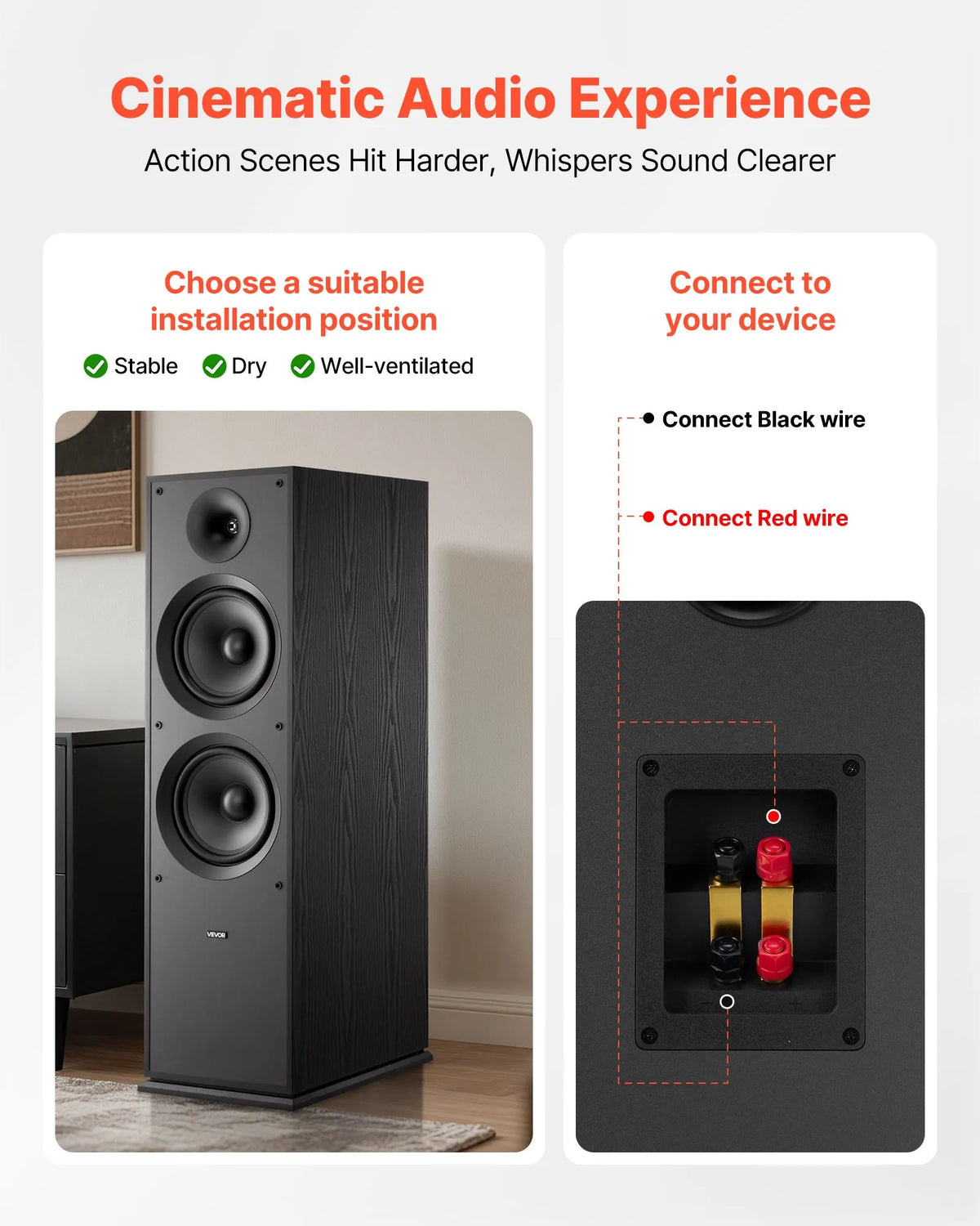 VEVOR Floor Speaker 2-Way, 600 W, 2 × 203 mm Woofer, 50 Hz–20 kHz, MDF Cabinet, 1 pc.