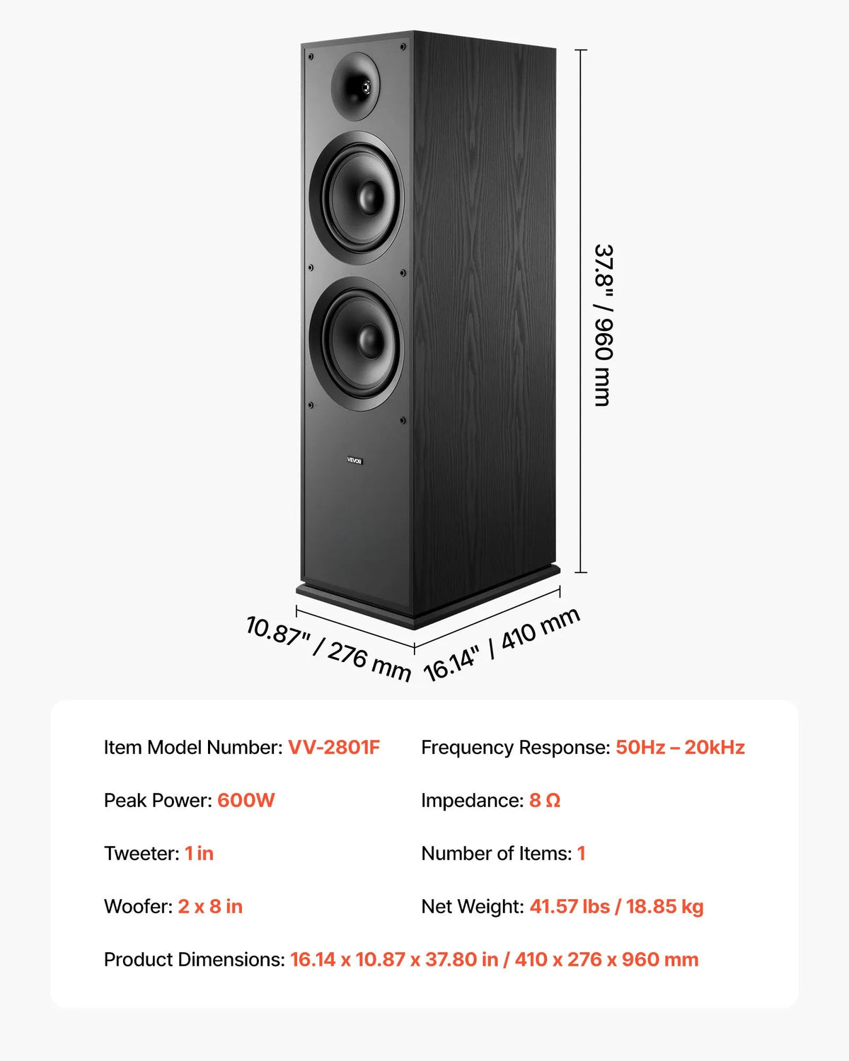 VEVOR Floor Speaker 2-Way, 600 W, 2 × 203 mm Woofer, 50 Hz–20 kHz, MDF Cabinet, 1 pc.