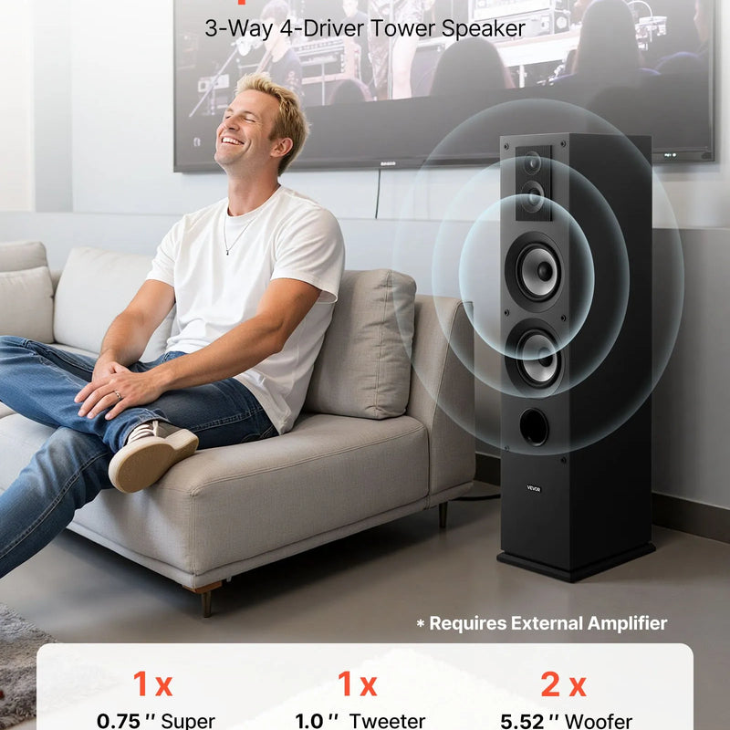 VEVOR grīdas skaļruņi, pāris, 3 joslu, 19,05 mm un 25,4 mm augstfrekvences skaļruņi, divi 133,35 mm zemfrekvences skaļruņi, 145 W jauda, 70–20 000 Hz frekvenču diapazons, MDF korpuss