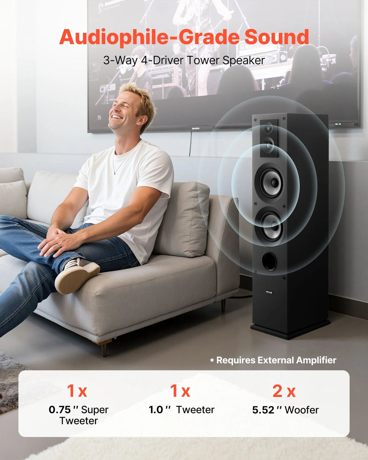 VEVOR Floor Speakers 3-Way, 145 W, 70 Hz–20 kHz, MDF Cabinet, Pair