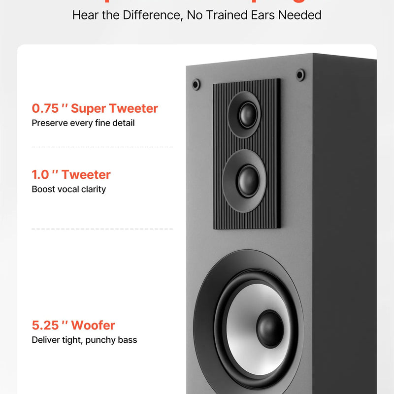VEVOR grīdas skaļruņi, pāris, 3 joslu, 19,05 mm un 25,4 mm augstfrekvences skaļruņi, divi 133,35 mm zemfrekvences skaļruņi, 145 W jauda, 70–20 000 Hz frekvenču diapazons, MDF korpuss