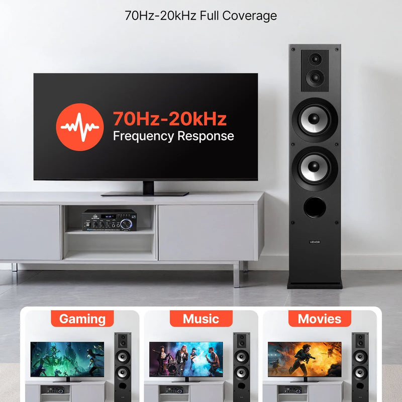 VEVOR grīdas skaļruņi, pāris, 3 joslu, 19,05 mm un 25,4 mm augstfrekvences skaļruņi, divi 133,35 mm zemfrekvences skaļruņi, 145 W jauda, 70–20 000 Hz frekvenču diapazons, MDF korpuss