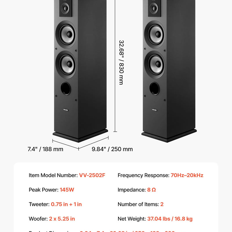 VEVOR grīdas skaļruņi, pāris, 3 joslu, 19,05 mm un 25,4 mm augstfrekvences skaļruņi, divi 133,35 mm zemfrekvences skaļruņi, 145 W jauda, 70–20 000 Hz frekvenču diapazons, MDF korpuss