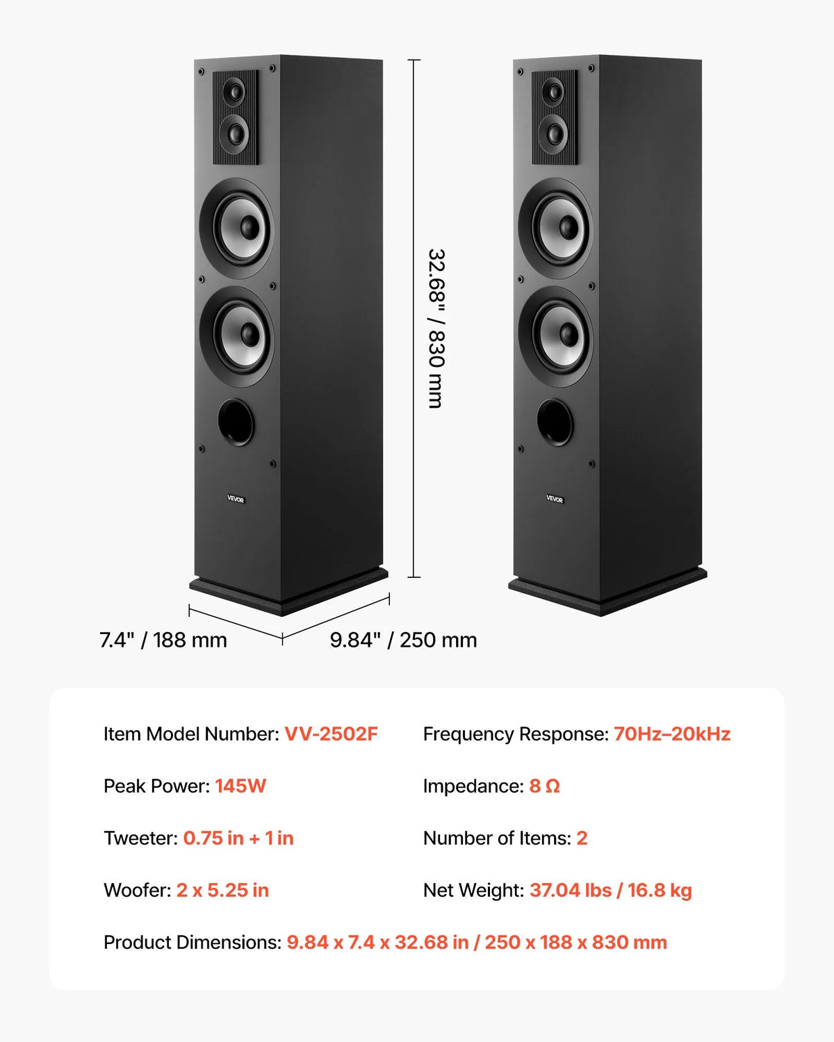 VEVOR Floor Speakers 3-Way, 145 W, 70 Hz–20 kHz, MDF Cabinet, Pair
