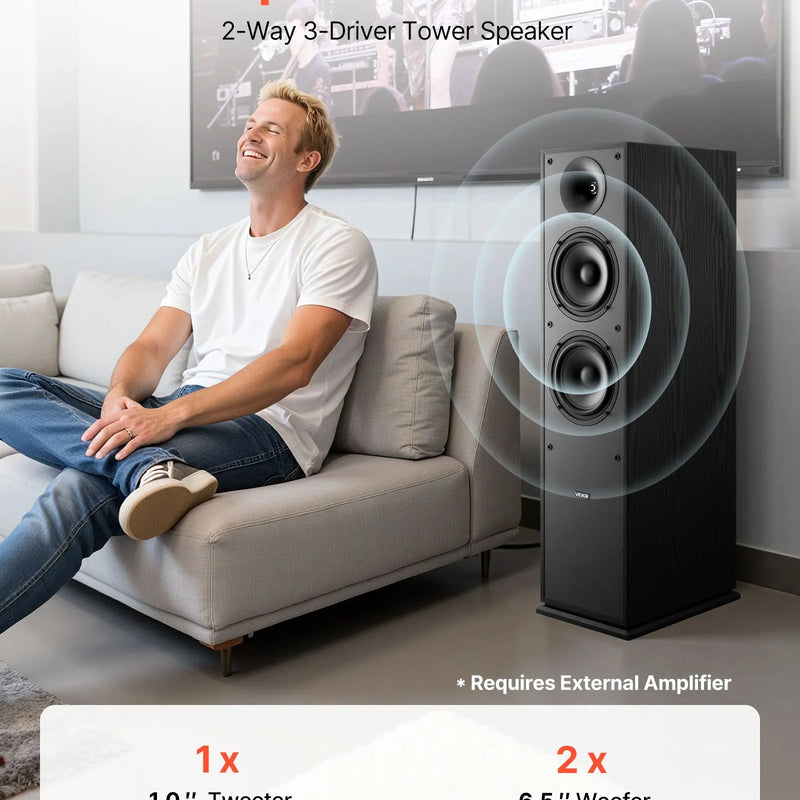 VEVOR grīdas skaļruņi, 2-ceļu torņa tipa skaļruņi ar 25.4 mm augstfrekvences skaļruni un diviem 165.1 mm zemfrekvences skaļruņiem, 400 W maksimumjauda, 65 Hz–20 kHz frekvenču diapazons, izturīgs MDF korpuss, pāris