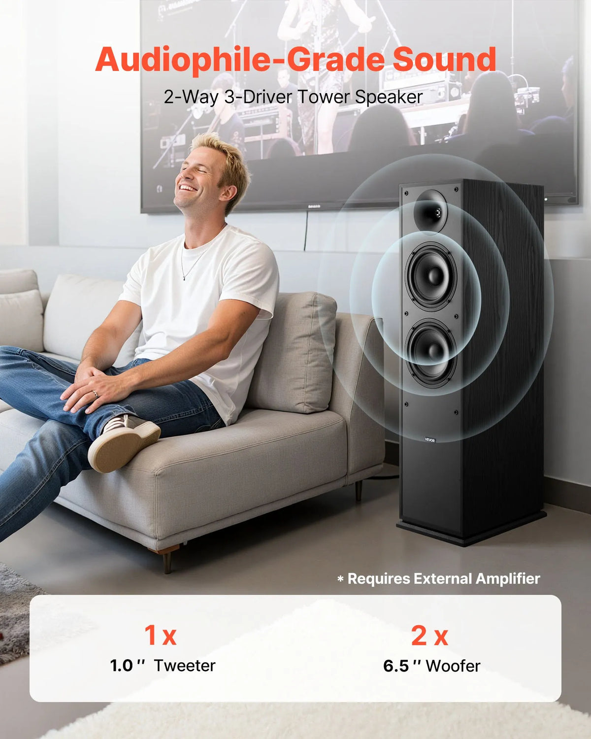 VEVOR Floor Speakers 2-Way, 400 W, 2 × 165 mm Subwoofer, 65 Hz–20 kHz, MDF Cabinet, Pair