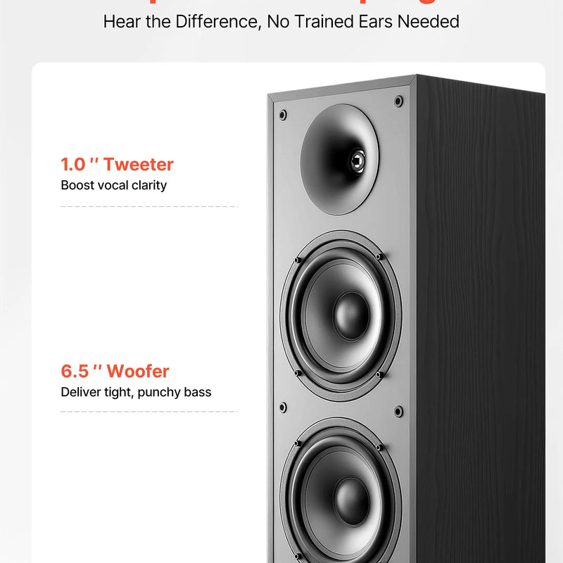 VEVOR grīdas skaļruņi, 2-ceļu torņa tipa skaļruņi ar 25.4 mm augstfrekvences skaļruni un diviem 165.1 mm zemfrekvences skaļruņiem, 400 W maksimumjauda, 65 Hz–20 kHz frekvenču diapazons, izturīgs MDF korpuss, pāris