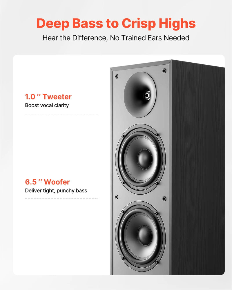 VEVOR grīdas skaļruņi, 2-ceļu torņa tipa skaļruņi ar 25.4 mm augstfrekvences skaļruni un diviem 165.1 mm zemfrekvences skaļruņiem, 400 W maksimumjauda, 65 Hz–20 kHz frekvenču diapazons, izturīgs MDF korpuss, pāris