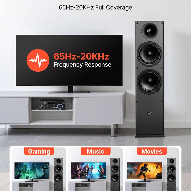 VEVOR grīdas skaļruņi, 2-ceļu torņa tipa skaļruņi ar 25.4 mm augstfrekvences skaļruni un diviem 165.1 mm zemfrekvences skaļruņiem, 400 W maksimumjauda, 65 Hz–20 kHz frekvenču diapazons, izturīgs MDF korpuss, pāris