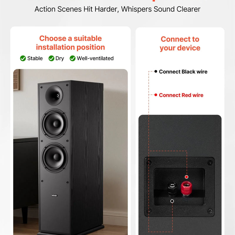 VEVOR grīdas skaļruņi, 2-ceļu torņa tipa skaļruņi ar 25.4 mm augstfrekvences skaļruni un diviem 165.1 mm zemfrekvences skaļruņiem, 400 W maksimumjauda, 65 Hz–20 kHz frekvenču diapazons, izturīgs MDF korpuss, pāris