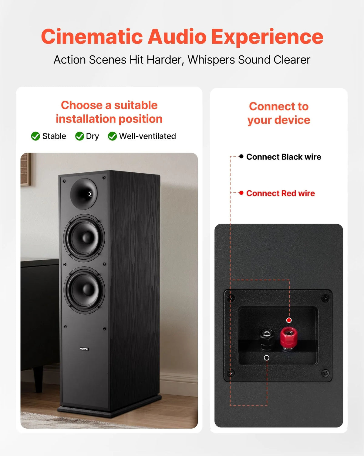 VEVOR Floor Speakers 2-Way, 400 W, 2 × 165 mm Subwoofer, 65 Hz–20 kHz, MDF Cabinet, Pair
