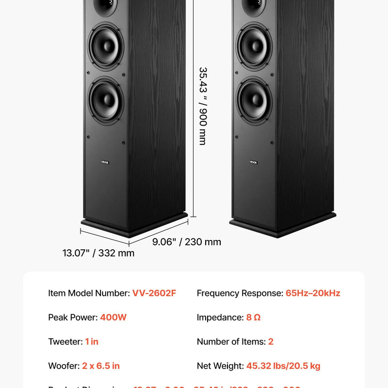 VEVOR grīdas skaļruņi, 2-ceļu torņa tipa skaļruņi ar 25.4 mm augstfrekvences skaļruni un diviem 165.1 mm zemfrekvences skaļruņiem, 400 W maksimumjauda, 65 Hz–20 kHz frekvenču diapazons, izturīgs MDF korpuss, pāris