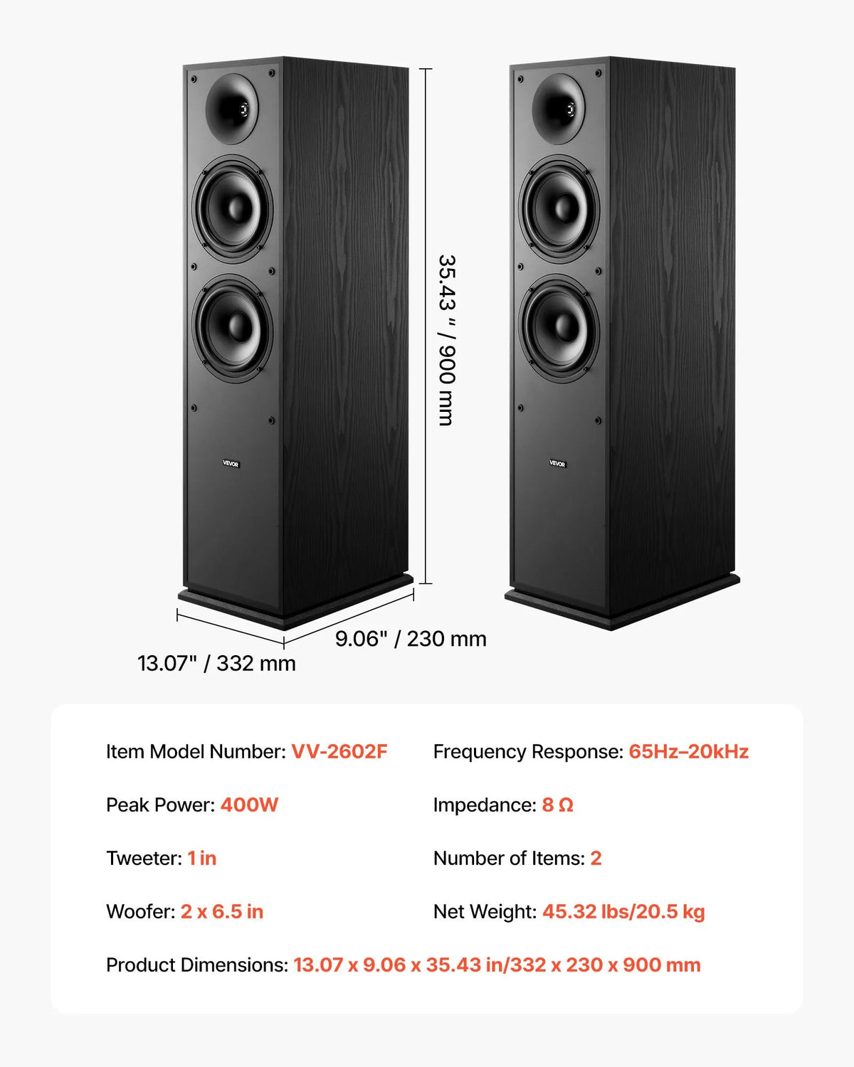 VEVOR Floor Speakers 2-Way, 400 W, 2 × 165 mm Subwoofer, 65 Hz–20 kHz, MDF Cabinet, Pair