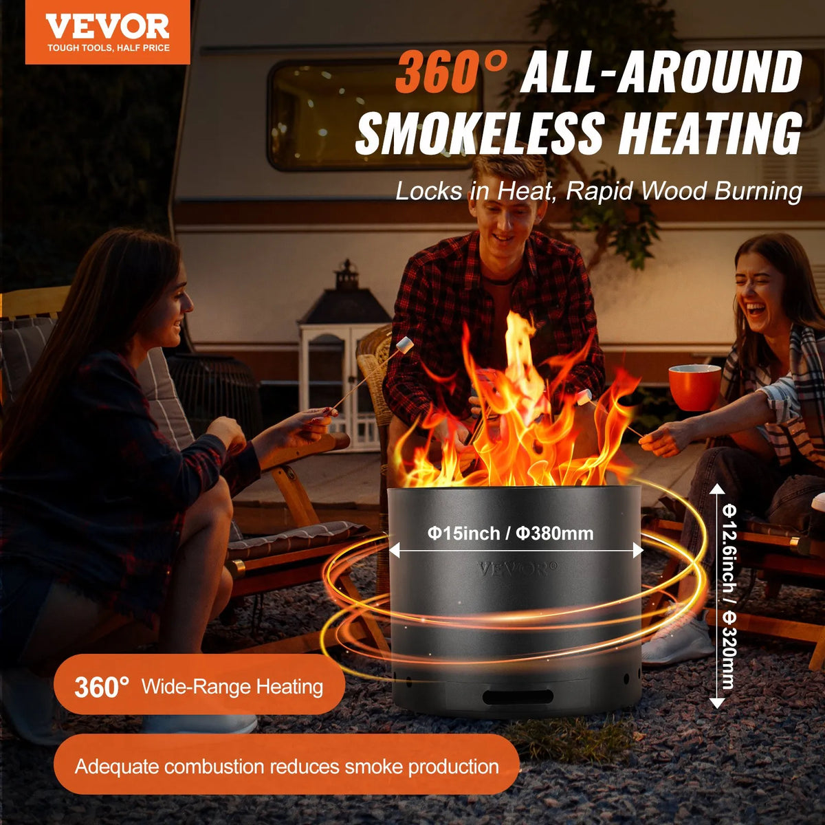 VEVOR Smokeless Fire Pit 38 cm Diameter 32 cm Height Wood Burning Stainless Steel SUS430 Interior Removable Ash Pan Portable for Patios and Camping