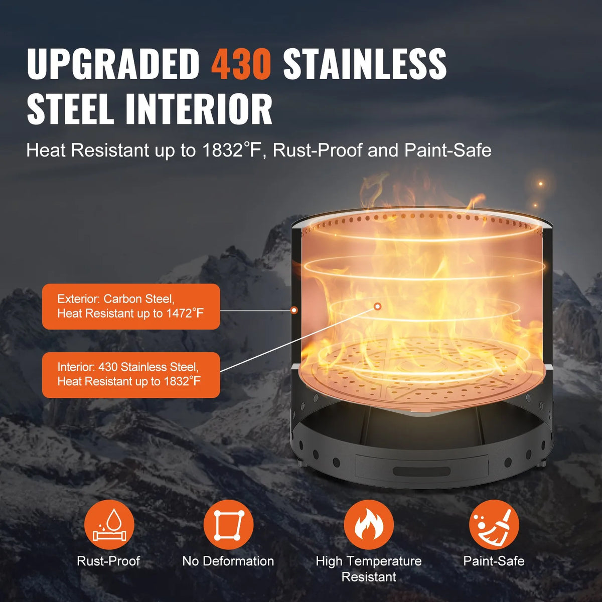 VEVOR Smokeless Fire Pit 38 cm Diameter 32 cm Height Wood Burning Stainless Steel SUS430 Interior Removable Ash Pan Portable for Patios and Camping