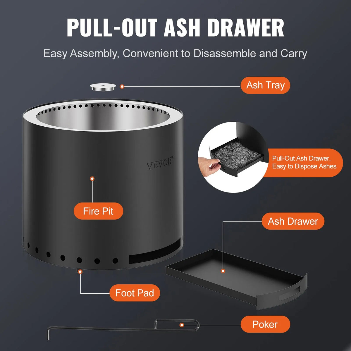 VEVOR Smokeless Fire Pit 38 cm Diameter 32 cm Height Wood Burning Stainless Steel SUS430 Interior Removable Ash Pan Portable for Patios and Camping