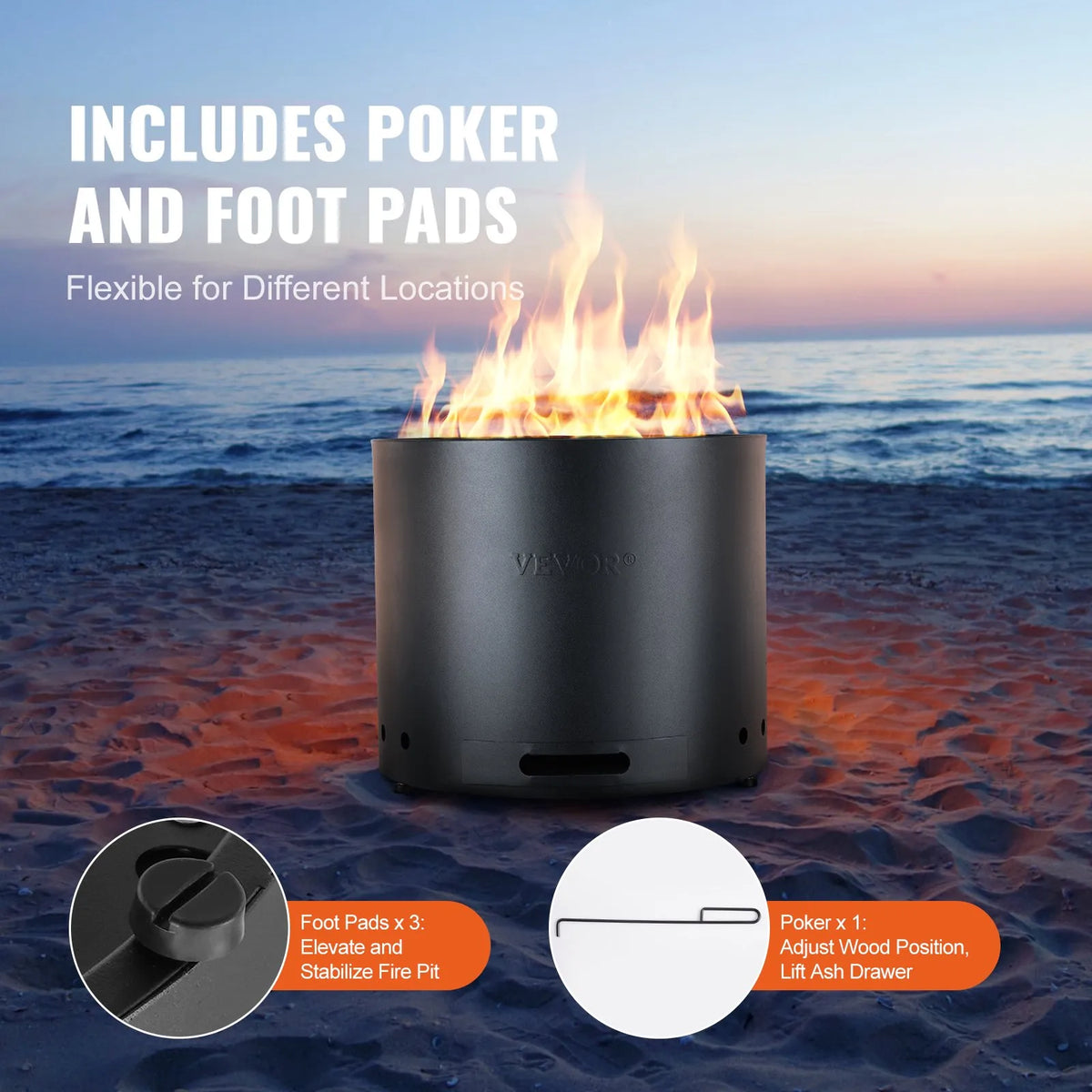 VEVOR Smokeless Fire Pit 38 cm Diameter 32 cm Height Wood Burning Stainless Steel SUS430 Interior Removable Ash Pan Portable for Patios and Camping