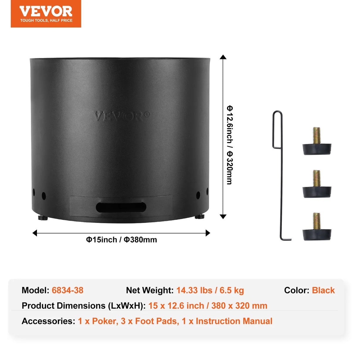VEVOR Smokeless Fire Pit 38 cm Diameter 32 cm Height Wood Burning Stainless Steel SUS430 Interior Removable Ash Pan Portable for Patios and Camping