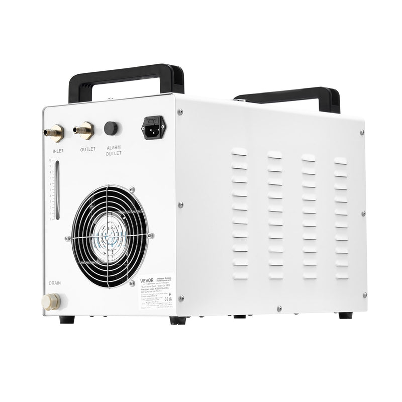 VEVOR industriālais ūdens dzesētājs CW-3000, industriāla ūdens dzesēšanas sistēma ar 9 l tvertnes ietilpību, maksimālais plūsmas ātrums 10 l/min, dzesēšanas iekārta ar augstas veiktspējas ventilatoru, paredzēta 65 W lāzera gravēšanas un griešanas iekārtām