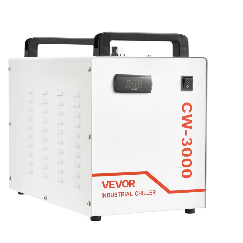 VEVOR industriālais ūdens dzesētājs CW-3000, industriāla ūdens dzesēšanas sistēma ar 9 l tvertnes ietilpību, maksimālais plūsmas ātrums 10 l/min, dzesēšanas iekārta ar augstas veiktspējas ventilatoru, paredzēta 65 W lāzera gravēšanas un griešanas iekārtām