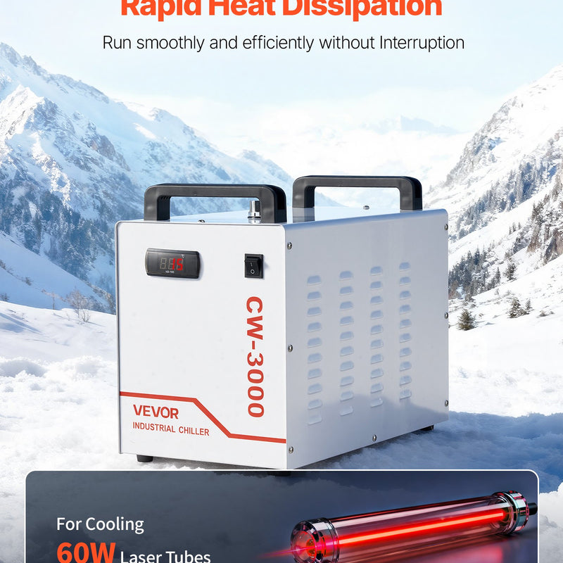 VEVOR industriālais ūdens dzesētājs CW-3000, industriāla ūdens dzesēšanas sistēma ar 9 l tvertnes ietilpību, maksimālais plūsmas ātrums 10 l/min, dzesēšanas iekārta ar augstas veiktspējas ventilatoru, paredzēta 65 W lāzera gravēšanas un griešanas iekārtām
