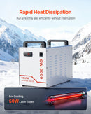 VEVOR industriālais ūdens dzesētājs CW-3000, industriāla ūdens dzesēšanas sistēma ar 9 l tvertnes ietilpību, maksimālais plūsmas ātrums 10 l/min, dzesēšanas iekārta ar augstas veiktspējas ventilatoru, paredzēta 65 W lāzera gravēšanas un griešanas iekārtām