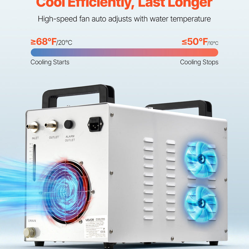 VEVOR industriālais ūdens dzesētājs CW-3000, industriāla ūdens dzesēšanas sistēma ar 9 l tvertnes ietilpību, maksimālais plūsmas ātrums 10 l/min, dzesēšanas iekārta ar augstas veiktspējas ventilatoru, paredzēta 65 W lāzera gravēšanas un griešanas iekārtām