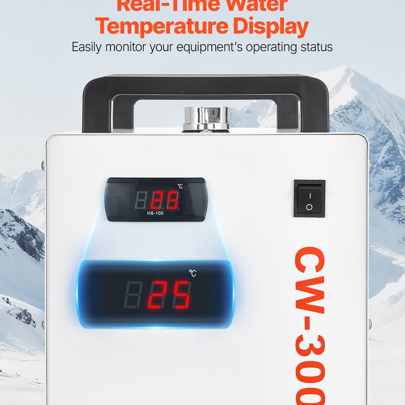 VEVOR industriālais ūdens dzesētājs CW-3000, industriāla ūdens dzesēšanas sistēma ar 9 l tvertnes ietilpību, maksimālais plūsmas ātrums 10 l/min, dzesēšanas iekārta ar augstas veiktspējas ventilatoru, paredzēta 65 W lāzera gravēšanas un griešanas iekārtām