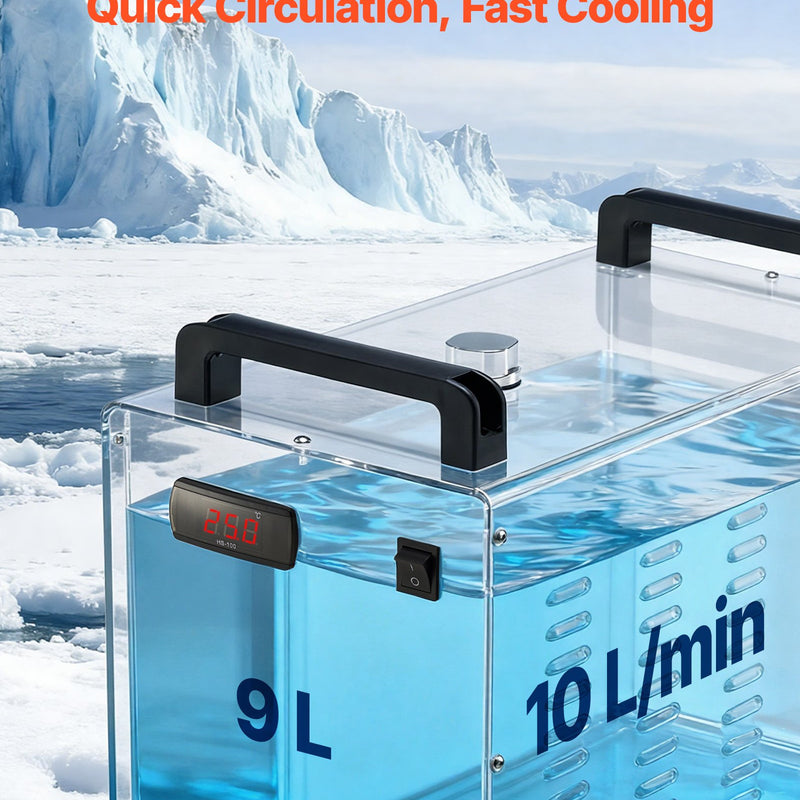 VEVOR industriālais ūdens dzesētājs CW-3000, industriāla ūdens dzesēšanas sistēma ar 9 l tvertnes ietilpību, maksimālais plūsmas ātrums 10 l/min, dzesēšanas iekārta ar augstas veiktspējas ventilatoru, paredzēta 65 W lāzera gravēšanas un griešanas iekārtām